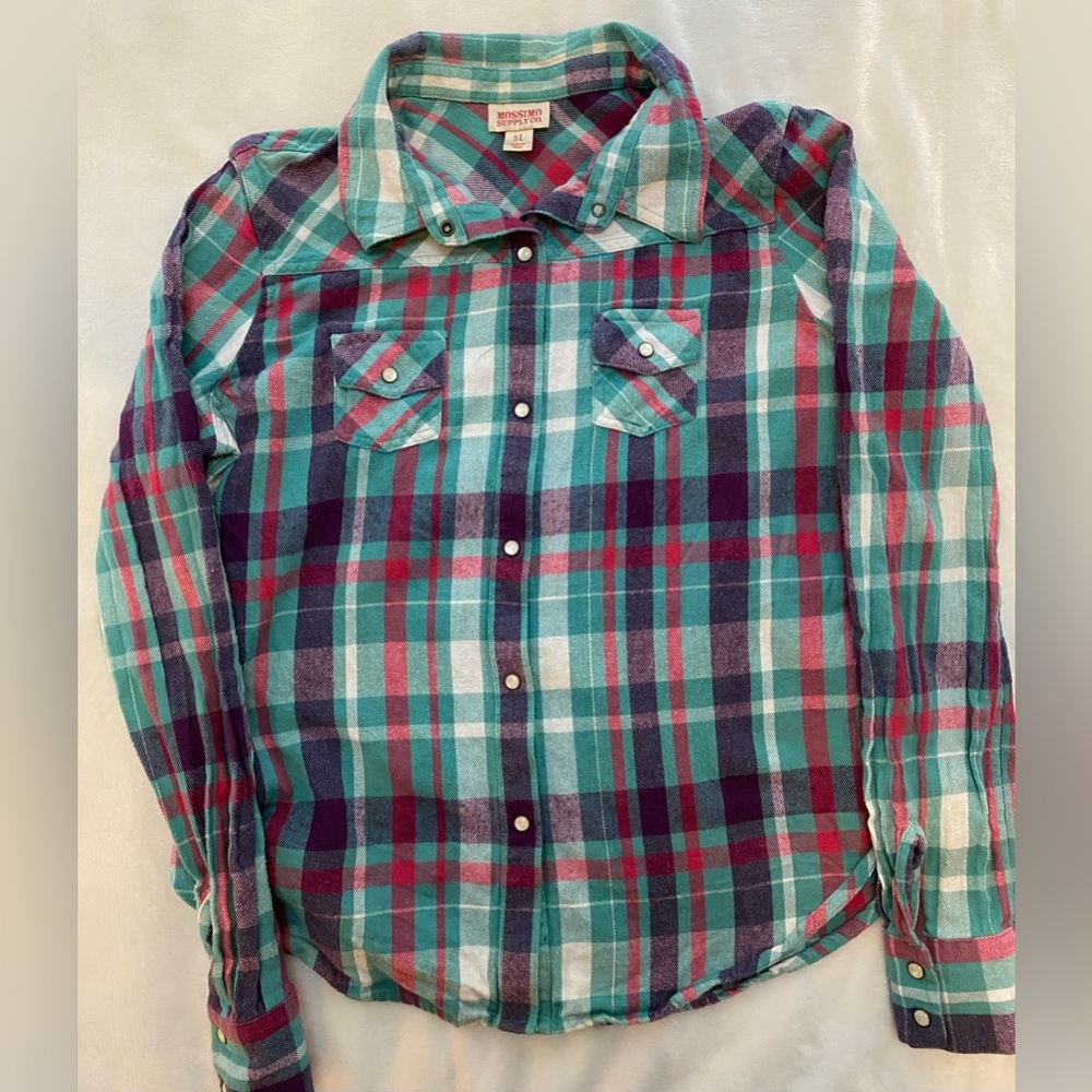 Flannel  Shirt Vintage Large Pink Teal Purple Pearly Snap Button Pockets
